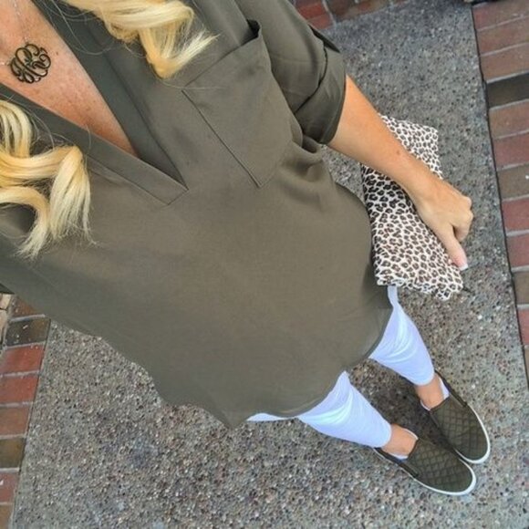 Lush ‘Perfect’ Roll Tab Sleeve Tunic - Olive Green - Picture 2 of 8